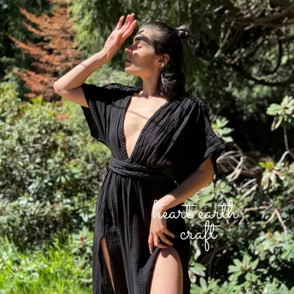 Black Double Slit V Neck Long Cotton Greek Goddess Dress - Tie Waist Maxi Dress - Picture 1 of 1